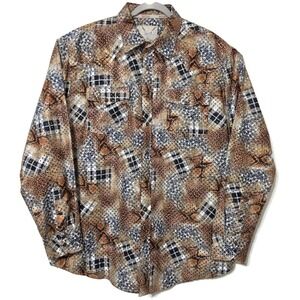 Vaccari Shirt Mens Large Brown Animal Print Long Sleeve Snap Western Embroidered